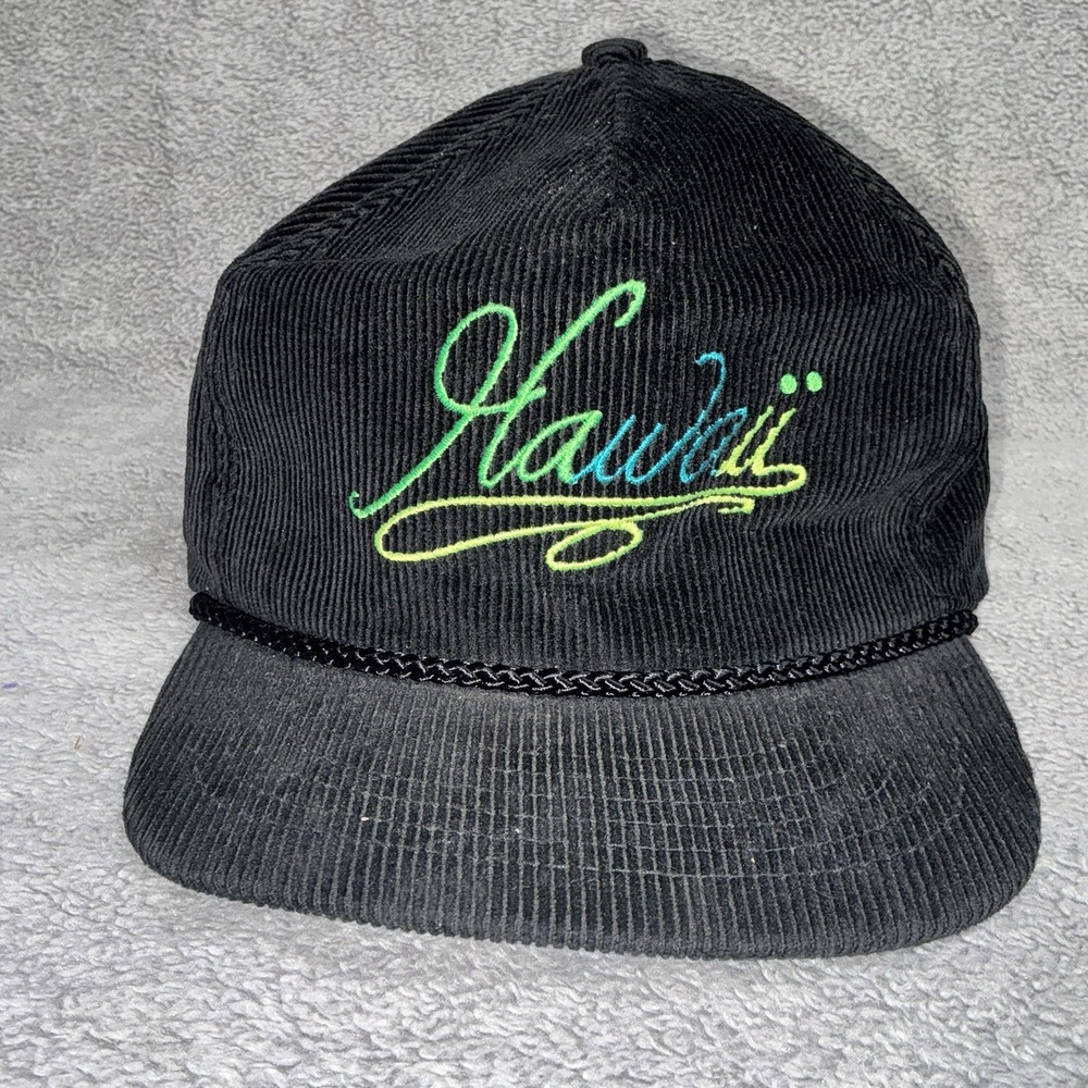 Black Corduroy 'Hawaii' Embroidered Men's Cap
